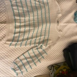 Nieman Marcus crewneck white/blue cotton sweater w bell sleeves